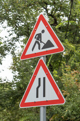 road, narrows, left, side traffic sign, road sign, road ahead, trees, triangle, 