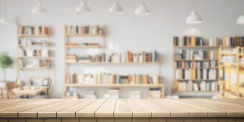 Colorful wooden platform indoor: bookstore or library.