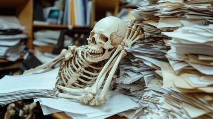 A skeleton hunched over a desk, buried under towering stacks of paperwork, symbolizing overwhelming workload.