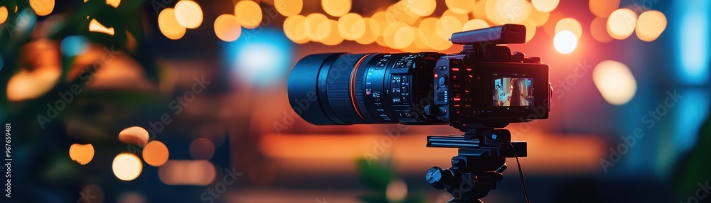 Poster a close-up view of a professional camera set against a blurred background of warm bokeh lights, perf