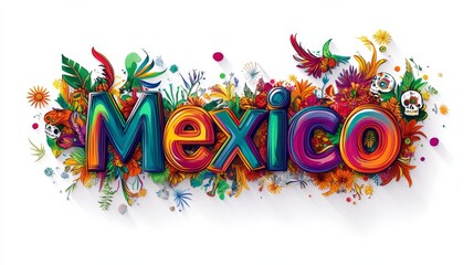  A colorful word " Mexico" design celebrate day of the dead of mexican culture, on white background 