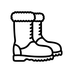 Winter boots icon with fur trim, black and white outline, cold weather footwear