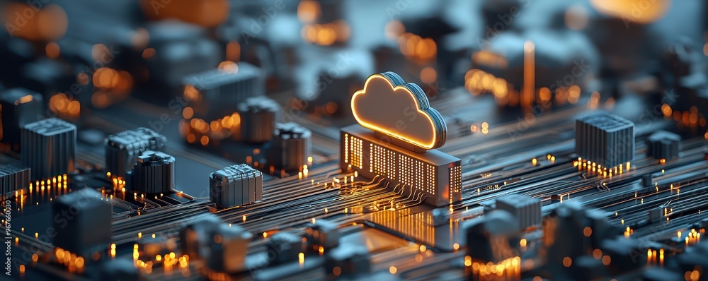 Poster a detailed view of a digital network with a cloud symbol highlighting technology and connectivity in