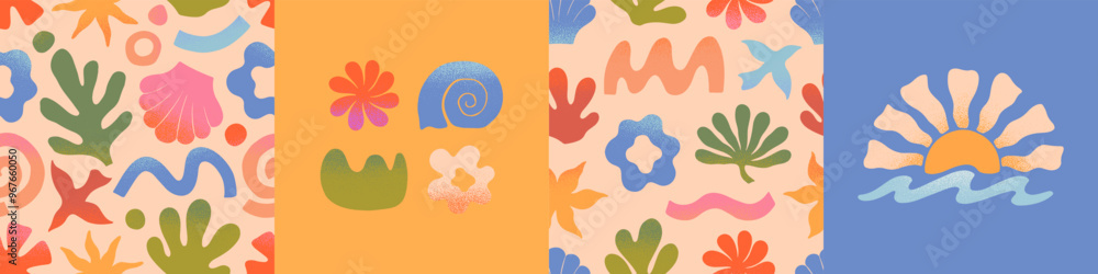 Wall mural vector summer cards.nature elements and seamless pattern.palm,sun,coral,seashell,wave.trendy designs