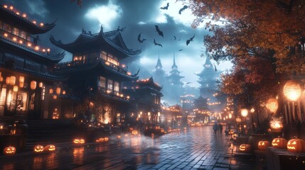 Obraz premium Haunted street festival in a fog-covered city old lanterns flickering