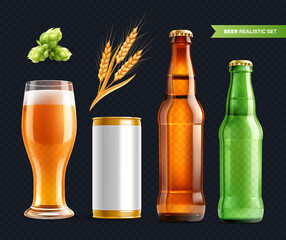 Realistic beer element set on transparent backgound