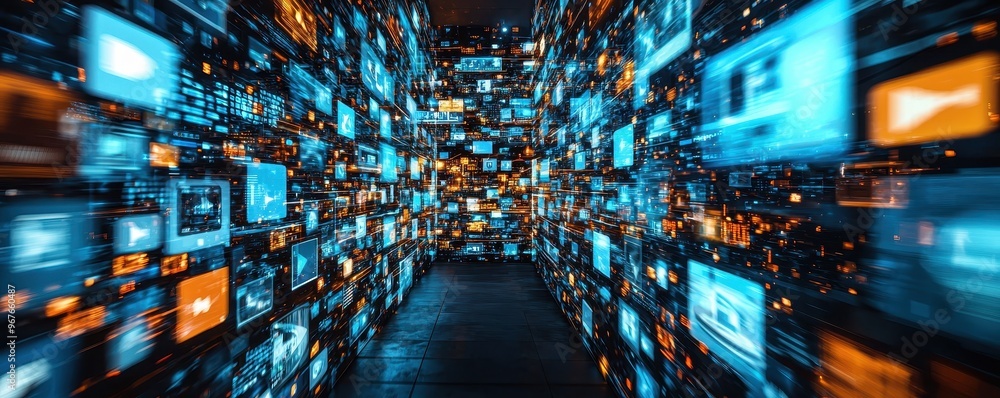 Poster a dynamic digital tunnel filled with glowing screens, depicting advanced technology and data in moti