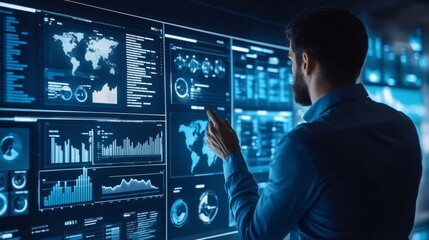 A businessman stands in front of a large screen displaying a variety of graphs and charts.