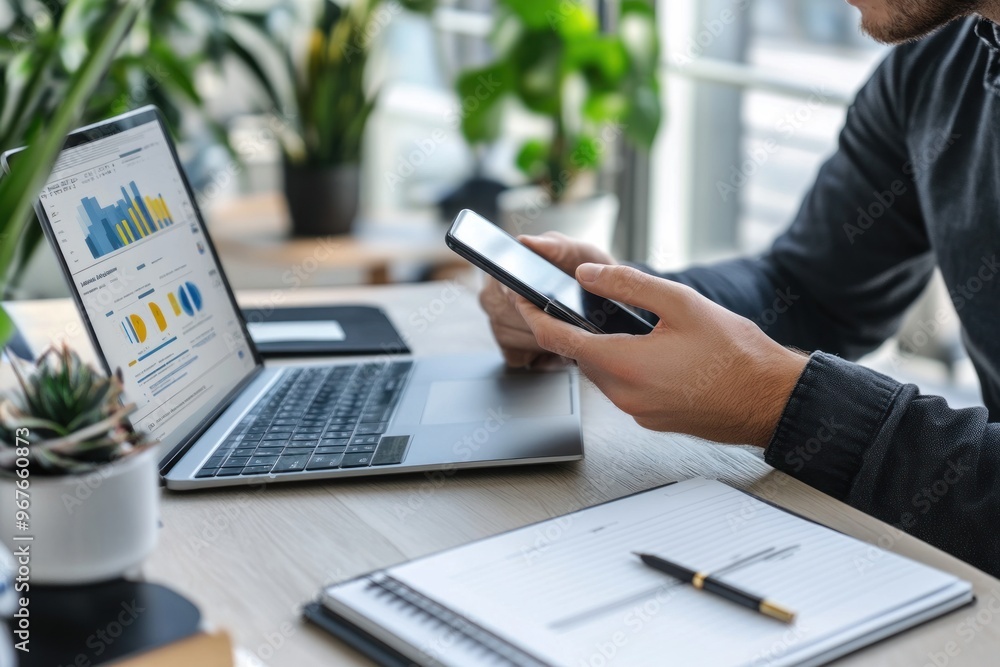 Poster man using smartphone at desk with laptop and notebook