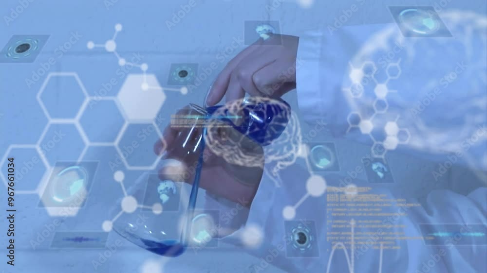 Aufkleber animation of data processing and caucasian scientist with beaker over chemical formula