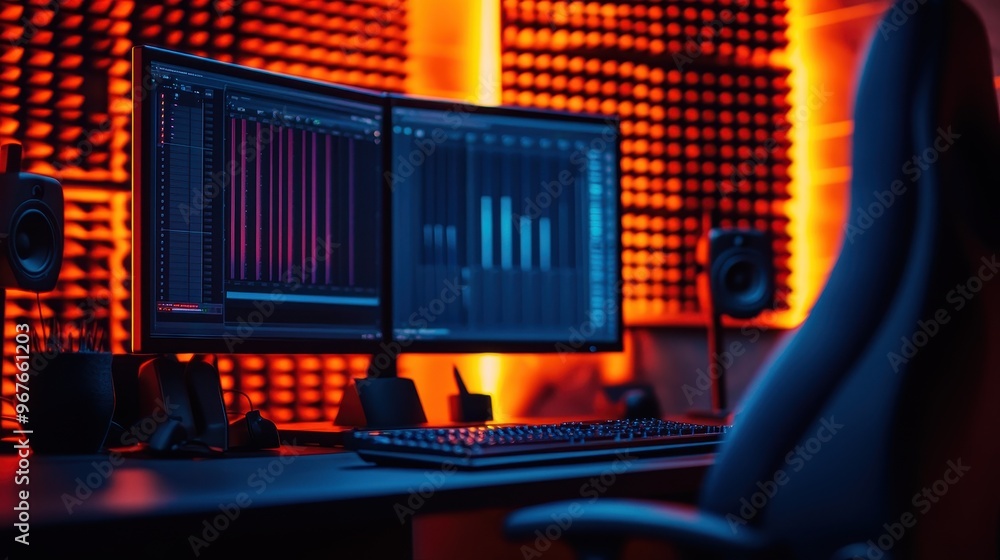 Aufkleber a modern audio editing workspace featuring dual monitors with colorful sound wave visuals and ambien