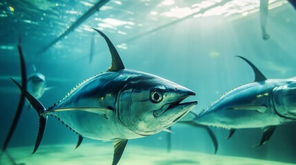 Fototapeta premium Tuna fish swimming in a spacious ocean farm enclosure.