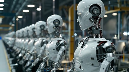 Fototapeta premium Advanced humanoid robots line the production floor in a high-tech manufacturing facility showcasing innovative engineering and robotics during an industrial setting in the 21st century