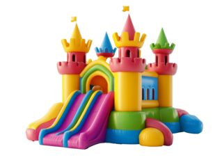 Colorful inflatable castle with slides, cut out transparent