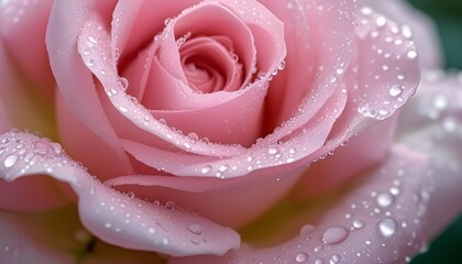 Delicate pink rose adorned with glistening dew drops, showcasing soft petals and a romantic ambiance