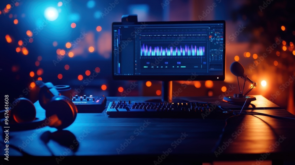 Aufkleber a modern workspace featuring a computer monitor displaying audio editing software, illuminated with 