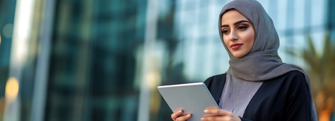 Young woman in a hijab using a tablet outside a modern building during daytime, fully engaged with technology in an urban environment