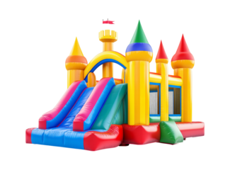 Fun colorful inflatable castle with slides, cut out transparent