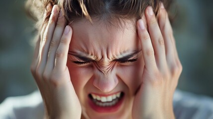 Fototapeta premium A young woman expressing intense frustration while gripping her head in a natural setting during daylight, reflecting a moment of overwhelming emotion and mental strain
