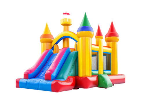 Fun colorful inflatable castle with slides, cut out transparent