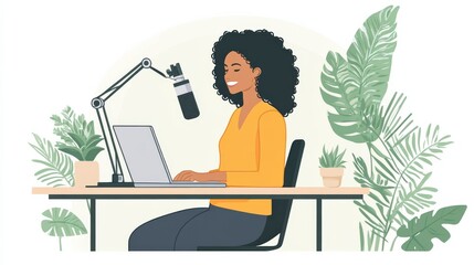 A woman with curly hair works on a laptop at a desk surrounded by plants, focused on her podcasting or content creation in a bright, inviting workspace during the day