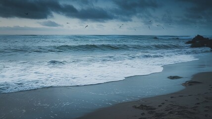 blue water with white foam at the shoreline. The sand is wet and has a few footprints. There are rocks near the water's edge. The sky is overcast, with dark clouds and a few seagulls flying overhead.