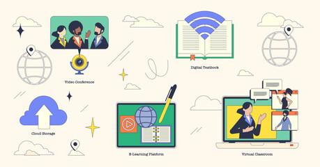Remote learning and platform for digital study tiny neubrutalism collection. Labeled elements with online video conference, textbook cloud storage and e-learning platform vector illustration.