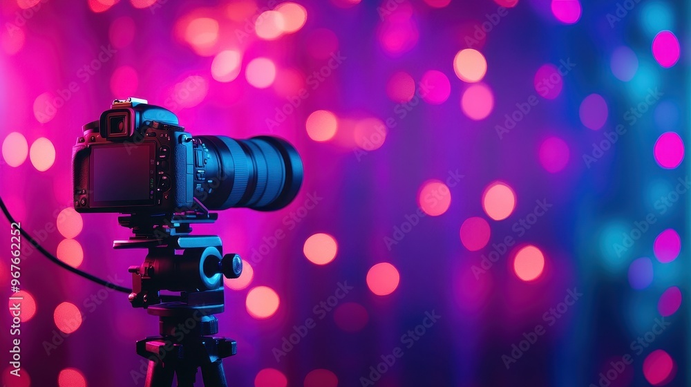 Poster a professional camera on a tripod, set against a vibrant background of colorful bokeh lights, perfec