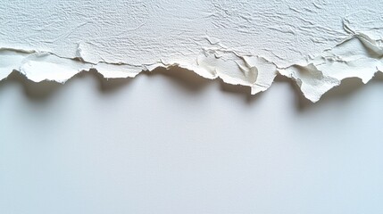 Torn wallpaper revealing a clean white wall beneath in natural light during daytime showcasing texture contrast and layers of old and new materials