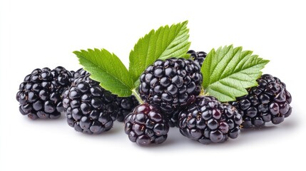 Cluster of blackberries with small green leaves, isolated on a white background.