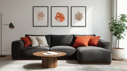 Living room interior with comfortable sofa and paintings on the wall