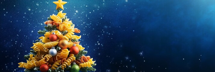A banner with space for text celebrating Christmas and New Year, featuring a Christmas tree made from dry pasta, ideal for creative holiday promotions and unique seasonal marketing
