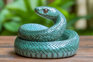 Fototapeta premium Green Wooden Snake Sculpture Symbol of Chinese Zodiac for Year of the Snake Celebrations