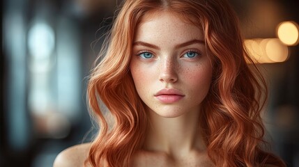 Portrait of a Beautiful Woman with Red Hair and Blue Eyes