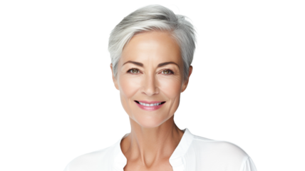 Portrait of a beautiful adult woman model woman smiling with clean teeth on transparent background PNG.
