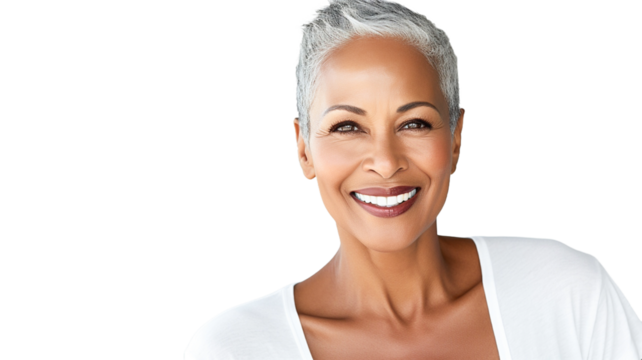 Beautiful gorgeous african american mid age model woman with grey hair laughing and smiling on transparent background PNG.