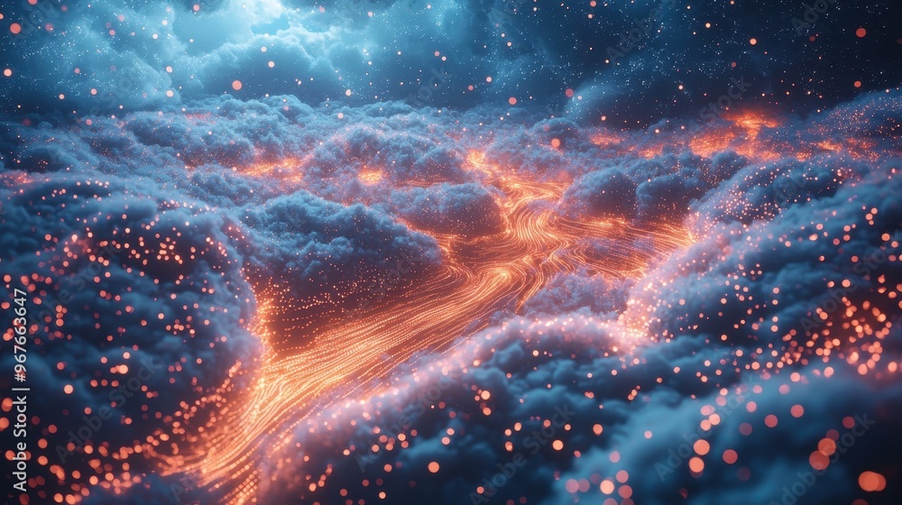 Poster a stunning view of swirling clouds illuminated by glowing streams. a mesmerizing blend of color and 