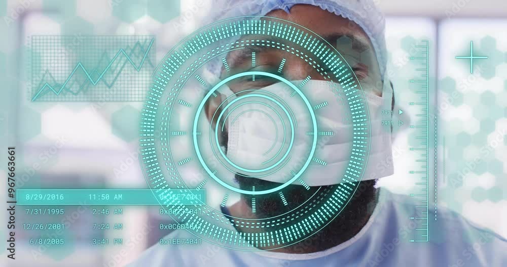 Poster animation of scope scanning and data processing over african american surgeon in operating theatre