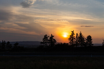 Orange sunset sun getting down amongs the trees over the road in the shade. Dramatic orange sky during the susnset.