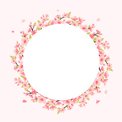 Hand drawn flat sakura tree frame background with cherry blossom