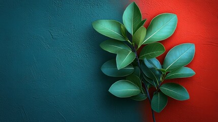 Fototapeta premium Green Leaves on Teal and Red Background