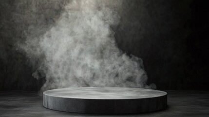 gray concrete platform podium with smoke, dark background and minimal industrial design, perfect for artistic product display