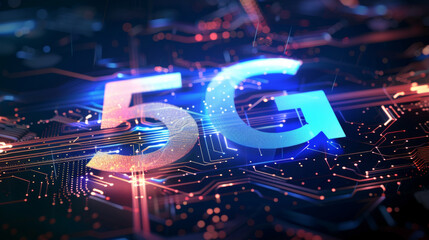 Abstract representation of 5G technology featuring glowing letters on a digital circuit background with vibrant colors and intricate patterns, symbolizing advanced communication networks