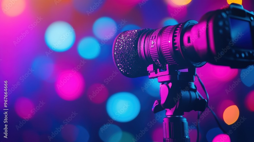 Poster a vibrant camera setup with colorful bokeh lights in the background, perfect for photography enthusi