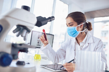 Mask, blood and woman in laboratory for science breakthrough, clinical trial or discovery. DNA...