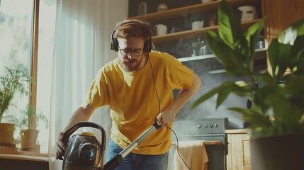 Young man vacuuming his home while listening to music in a sunny living area surrounded by plants