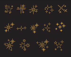 Sparkles stars, Shiny magic Christmas effect, twinkle sparkle star silhouette, tattoo design, glitter group set Vector gold.