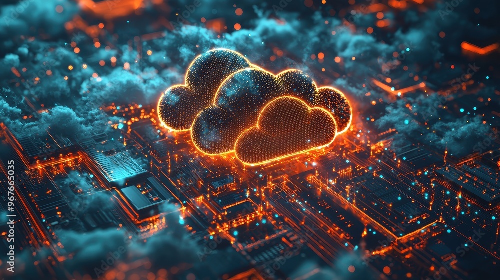 Aufkleber a vibrant digital cloud symbolizing data storage, glowing with neon colors above a network of intric
