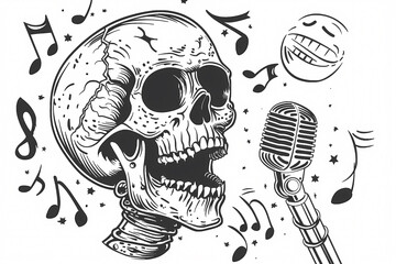 A stylized black and white illustration of a skull singing into a microphone, surrounded by musical notes and whimsical elements.