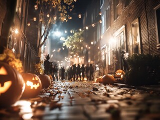 Spooky Halloween block party in a foggy urban alley glowing pumpkin lanterns lining the path